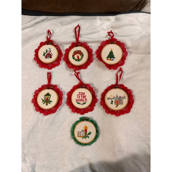 7 Christmas-Themed Cross Stitch Ornaments Lace Trim & Hanging Ribbons Handmade - Picture 2 of 16